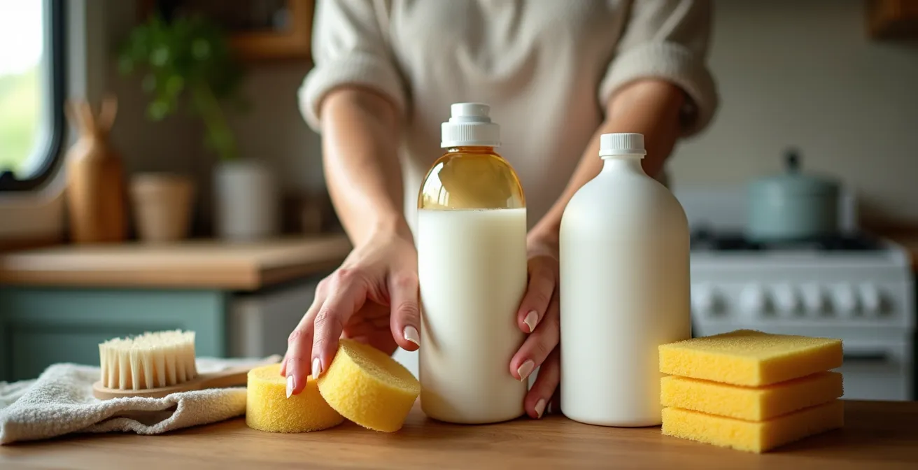 Spugne biodegradabili e detersivo ecologico con aceto bianco su piano cucina camper