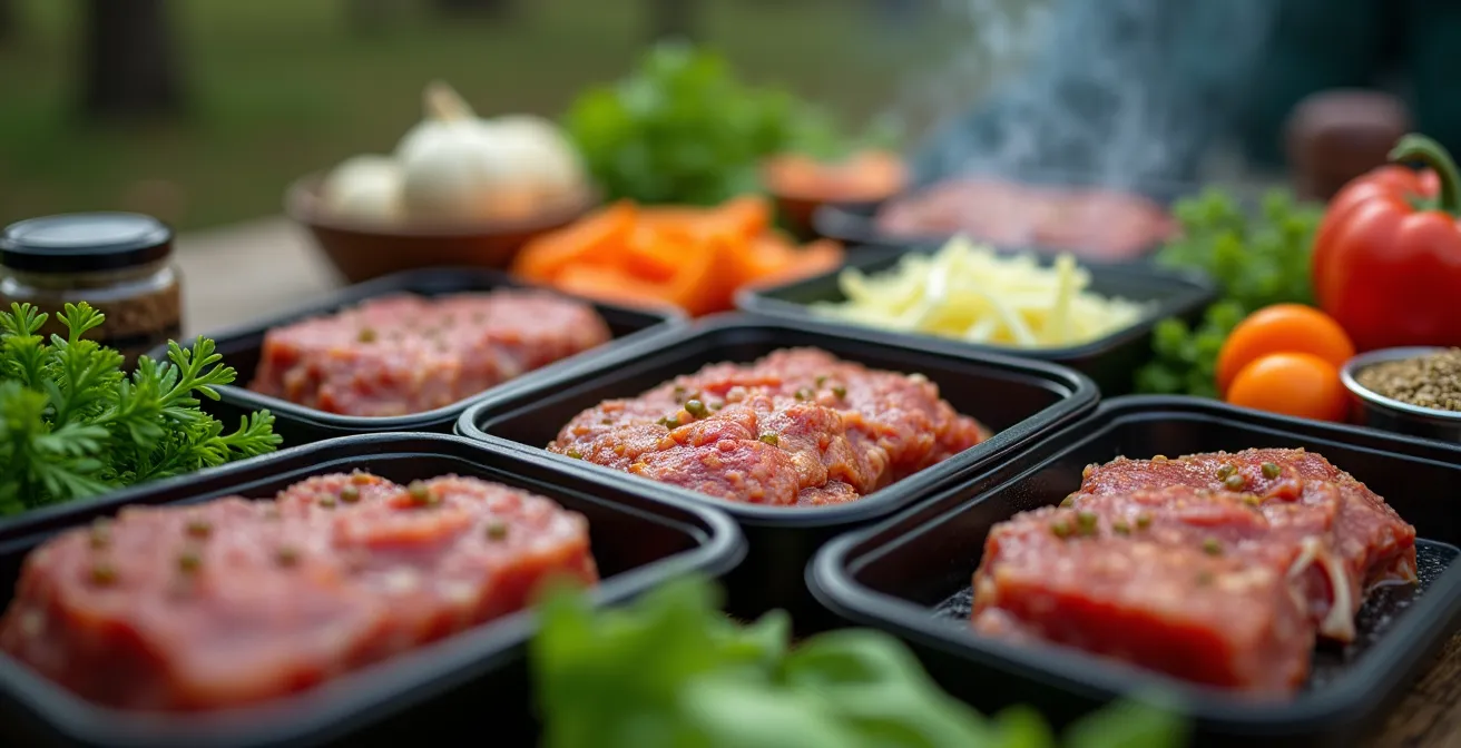 Tavolo da campeggio con ingredienti preparati e marinati pronti per la griglia