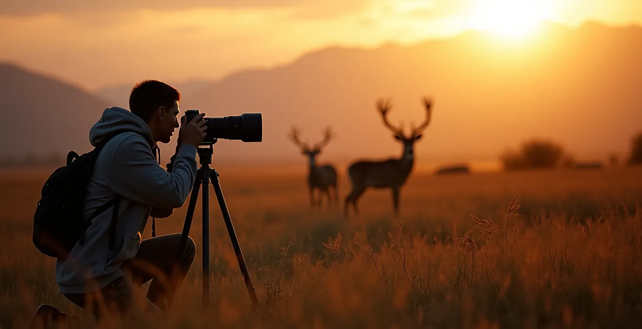 Fotografo naturalista con teleobiettivo osserva fauna a distanza di sicurezza