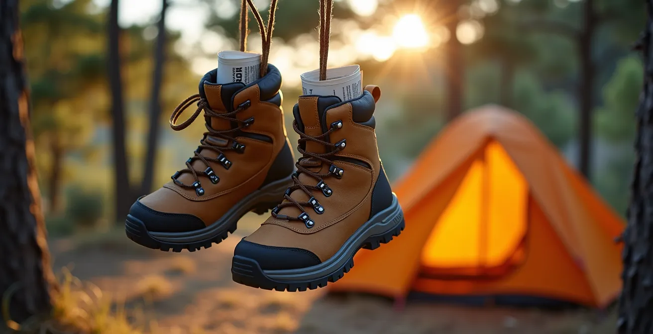 Scarponi da trekking appesi ad asciugare in un campeggio ligure