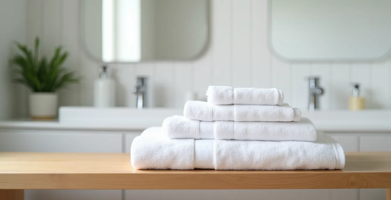 Set completo di tre asciugamani italiani disposti elegantemente su mensola di legno in bagno