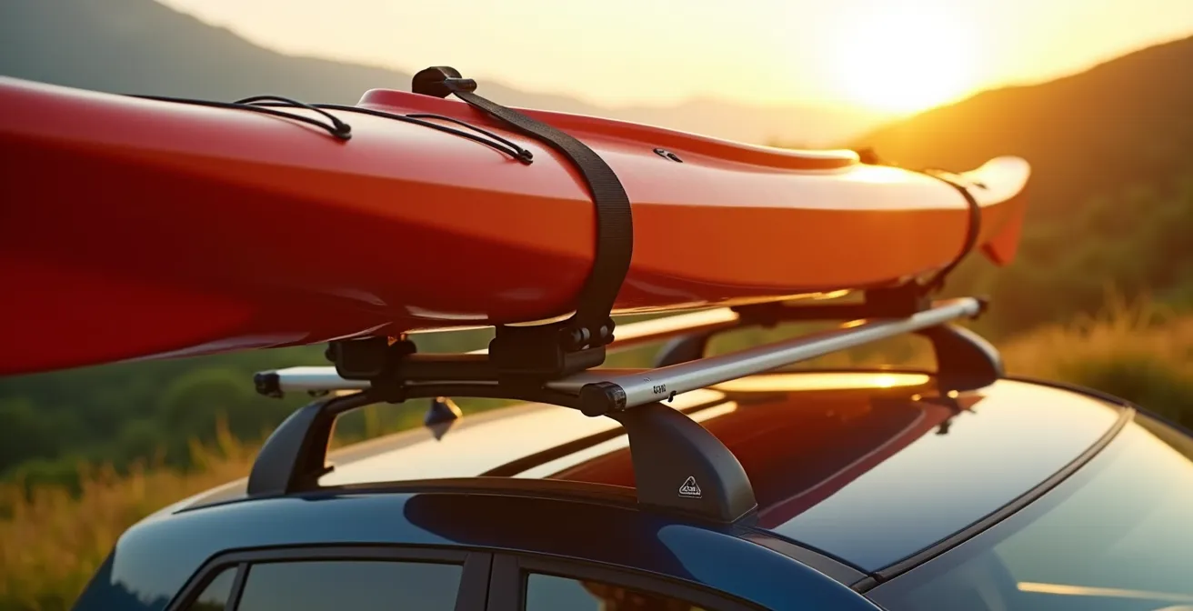 Sistema di fissaggio kayak su tetto auto con cinghie incrociate a triangolo