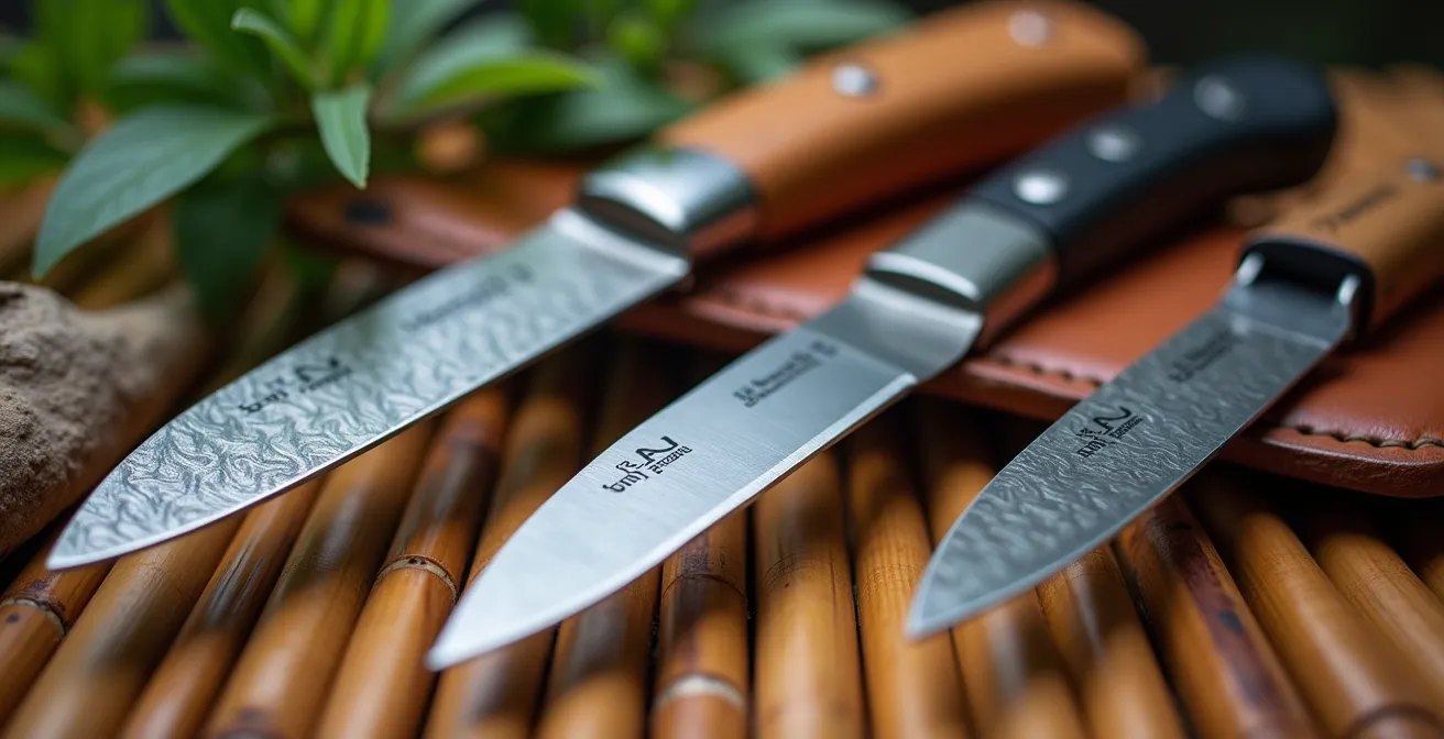 Set di tre coltelli professionali con foderi protettivi su superficie in bambù