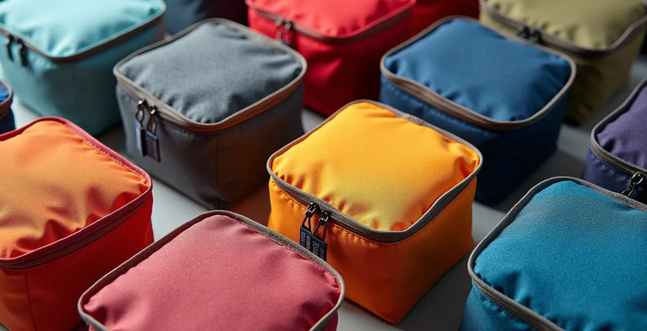 Valigia aperta con packing cubes colorati organizzati per diversi climi